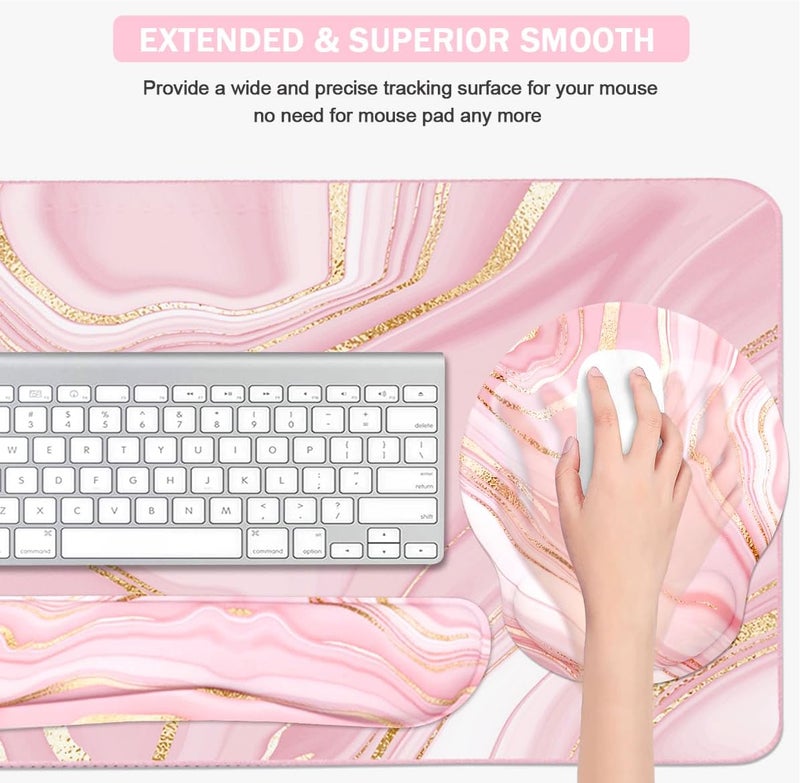 Yunoble 4-in-1 Gaming Mouse Pad Wrist Support Set，Desk Pad + Mouse Pad with Wrist Rest + Keyboard Wrist Rest + Coaster, Ergonomic Design for Home Office Study Game - Pink Fluid - Image 4